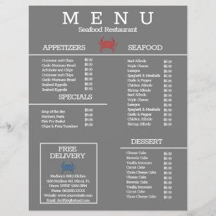 Minimalist Seafood Crab Grill Restaurant Menu Gray