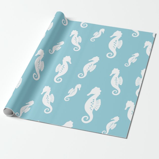Minimalist Seahorse Ocean Seamless Pattern (2) Wrapping Paper (Unrolled)