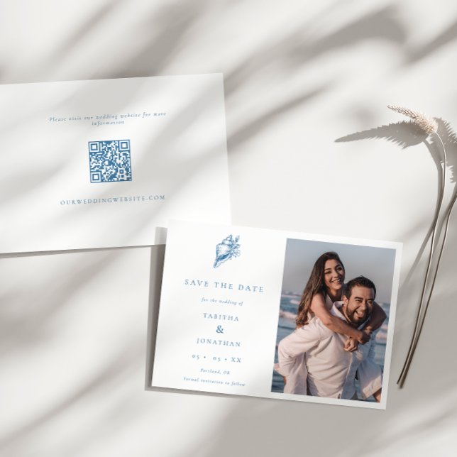 Minimalist Seashell QR Code Photo Beach Wedding Save The Date (Creator Uploaded)