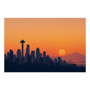 Minimalist Seattle Skyline at Sunset Modern Poster