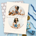 Minimalist Semicircles Love & Light Hanukkah Photo Invitation<br><div class="desc">This unique and stylish holiday card features two of your favourite photos in a double, top and bottom semicircle template accented with curved minimalist lines and a modern handwriting script with the greeting, 'love and light' placed on the centre of the card. The family name and year are at the...</div>