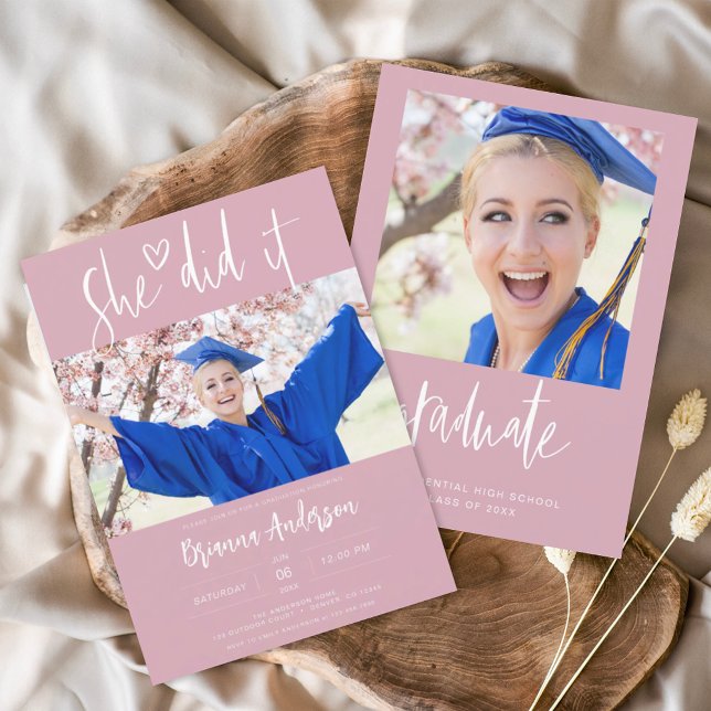 Minimalist She Did It Graduation Blush Pink Invitation (Creator Uploaded)
