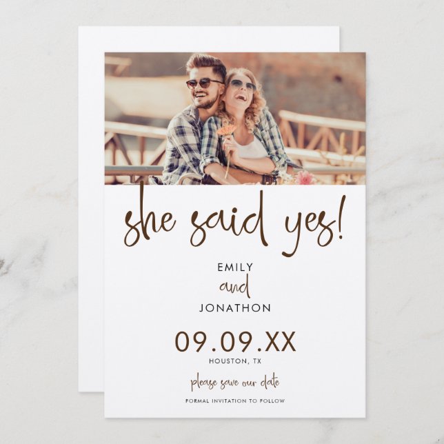 Minimalist She Said Yes Photo Script Save The Date (Front/Back)