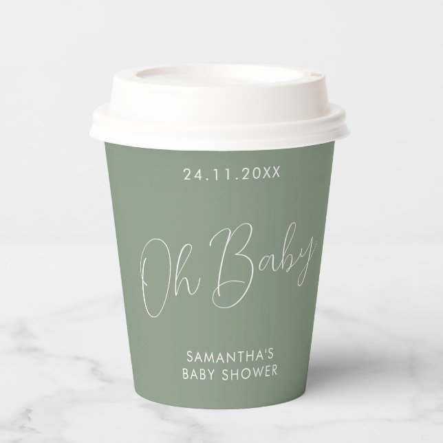 Minimalist Sign Sage Green Oh Baby Shower Paper Cups (Front)