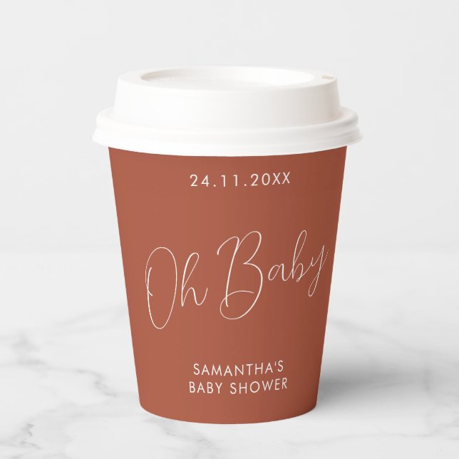 Minimalist Sign terracotta Oh Baby Shower Paper Cups (Front)