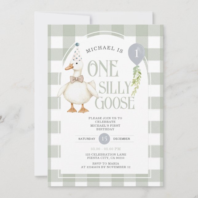 Minimalist Silly Goose 1st Birthday  Gingham  Invitation (Front)