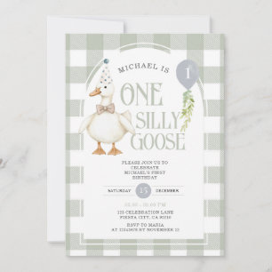Minimalist Silly Goose 1st Birthday  Gingham  Invitation