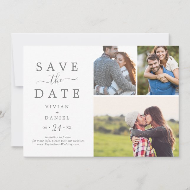 Minimalist Silver 3 Photo Collage Save The Date (Front)