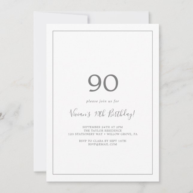 Minimalist Silver 90th Birthday Party Invitation (Front)