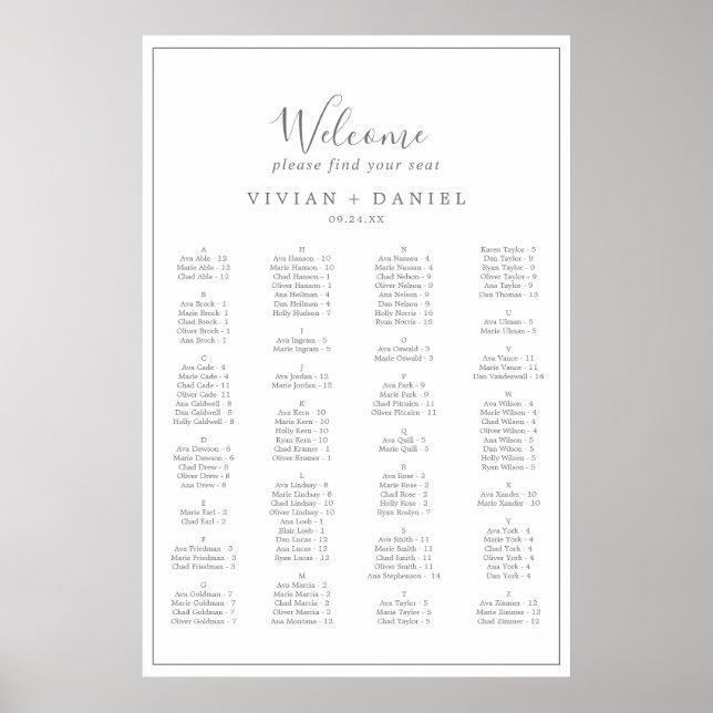 Minimalist Silver Alphabetical Seating Chart (Front)