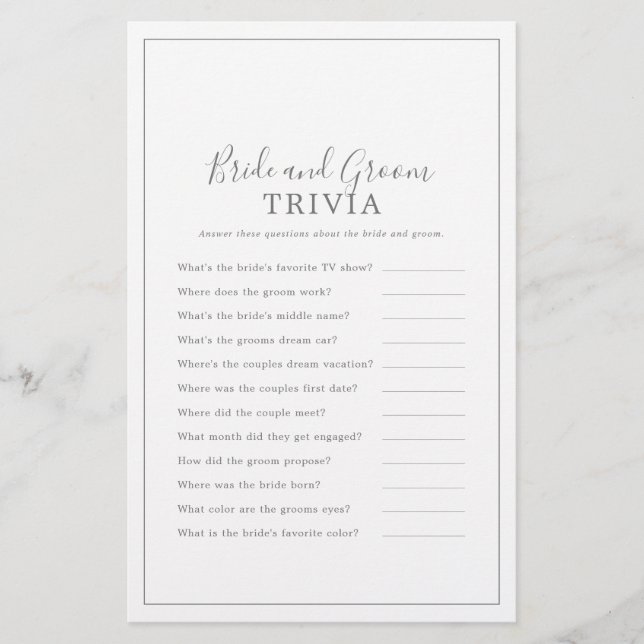 Minimalist Silver Bride and Groom Trivia Game Flyer (Front)