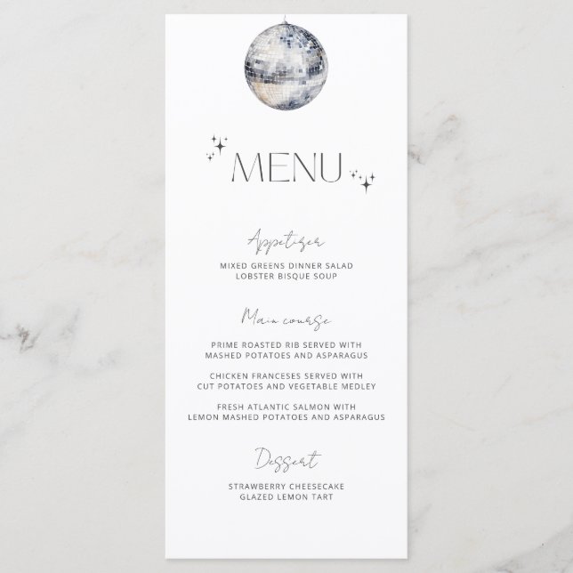 Minimalist Silver Disco Ball Wedding Menu (Front)