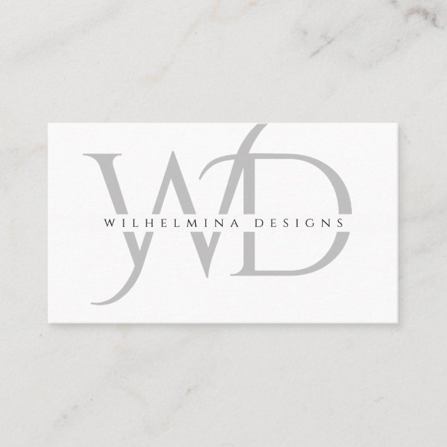 Minimalist Silver Double Monogram Elegant White Business Card (Front)