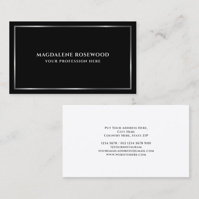 Minimalist Silver Frame on Black Business Card (Front/Back)