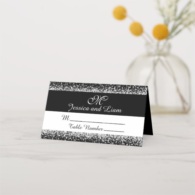 Minimalist Silver Glitter on Black Place Card (Front)
