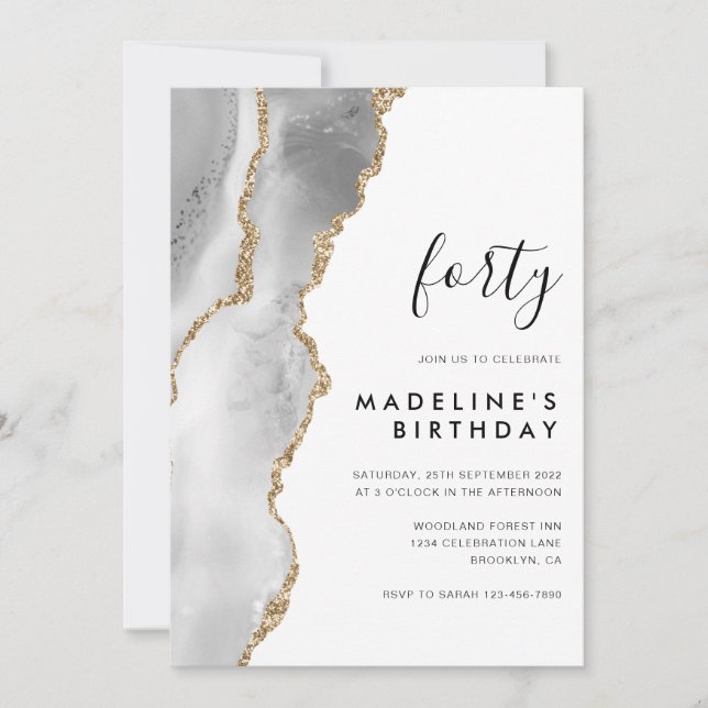 Minimalist Silver Gold Agate Geode 40th Birthday Invitation (Front)