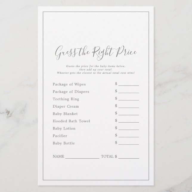 Minimalist Silver Guess the Right Price Game (Front)