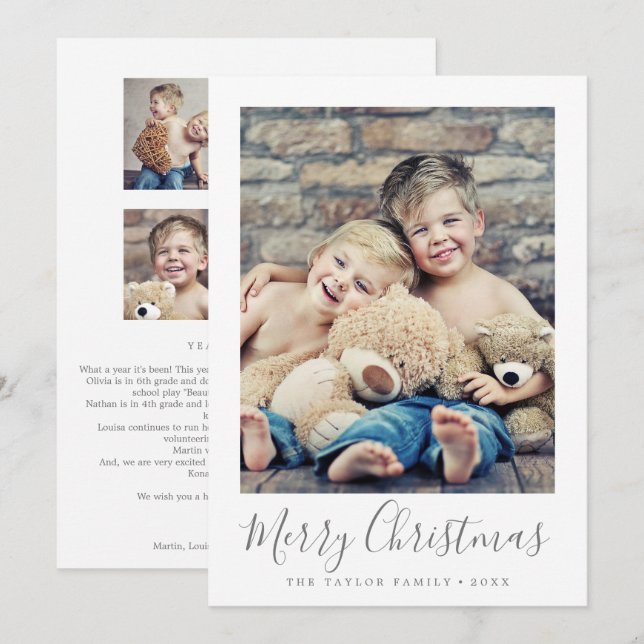 Minimalist Silver Merry Christmas Year In Review Holiday Card (Front/Back)