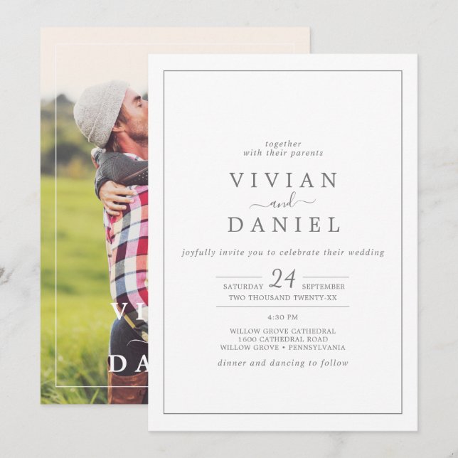 Minimalist Silver Photo on the Back Wedding Invitation (Front/Back)
