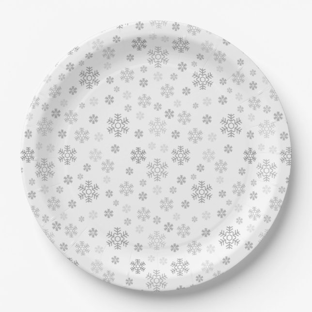 Minimalist Silver Snowflakes Paper Plate (Front)