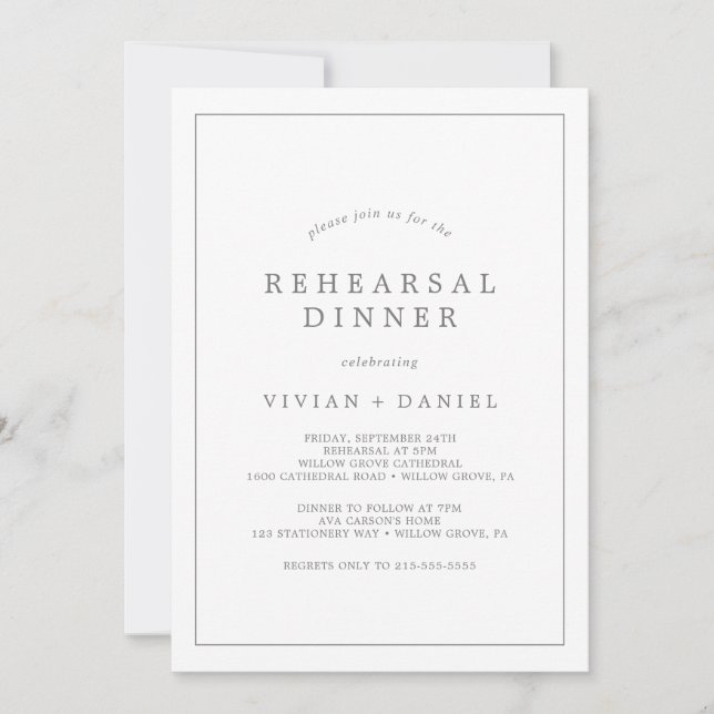 Minimalist Silver Typography Rehearsal Dinner Invitation (Front)