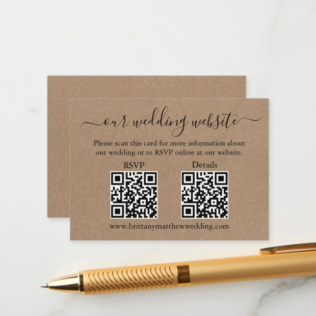 Minimalist Simple 2 QR Kraft Wedding RSVP Details Enclosure Card (Front/Back In Situ)