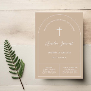 Minimalist simple arch beige baptism christening invitation