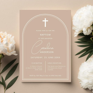 Minimalist simple arch beige baptism invitation