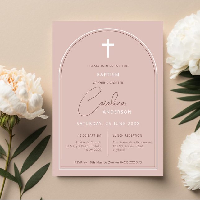 Minimalist simple arch pink baptism invitation (Creator Uploaded)