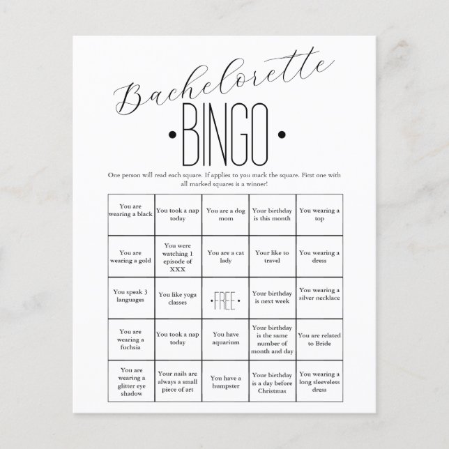 Minimalist Simple Bachelorette Bingo Game (Front)