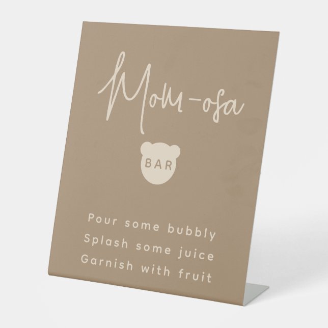 Minimalist simple Bear Baby Shower Mum-osa Bar Pedestal Sign (Front)