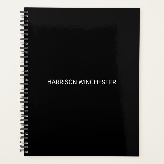 Minimalist simple black custom name year monogram planner (Front)