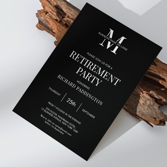 Minimalist Simple Black Employee Retirement Party Invitation (Minimalist black and white staff retirement party invitation with your logo and custom event details)