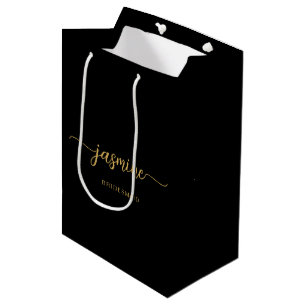 Minimalist Simple Black Gold Monogram Girly Script Medium Gift Bag