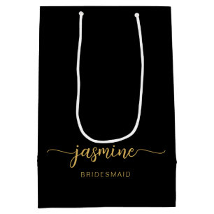 Minimalist Simple Black Gold Monogram Girly Script Medium Gift Bag