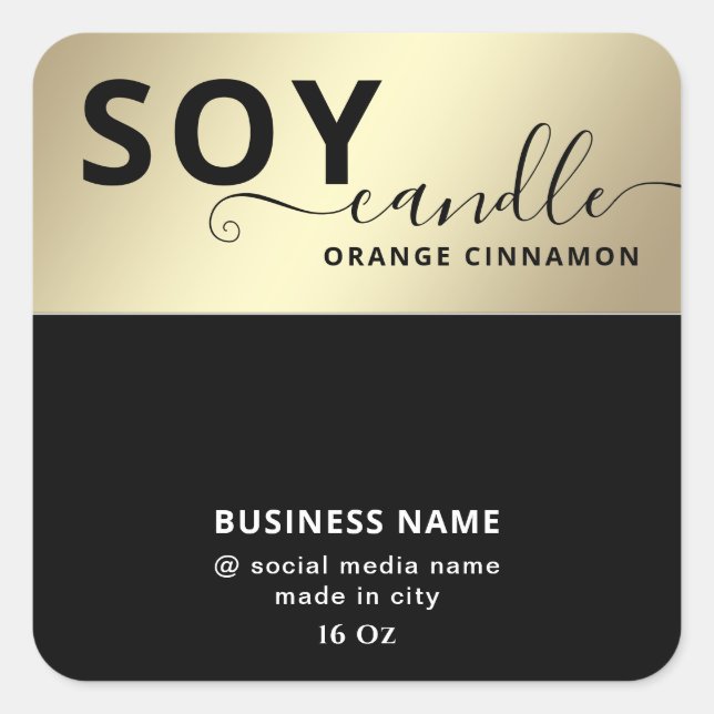 Minimalist simple black gold script soy candle  sq square sticker (Front)