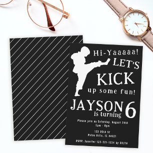 Minimalist simple black white boy karate birthday invitation