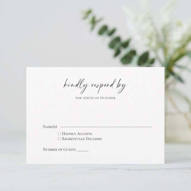 Minimalist Simple Black White Modern Script RSVP Card (Standing Front)