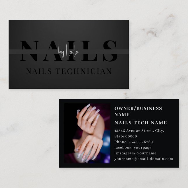 Minimalist Simple Black White Script Nails  Business Card (Front/Back)