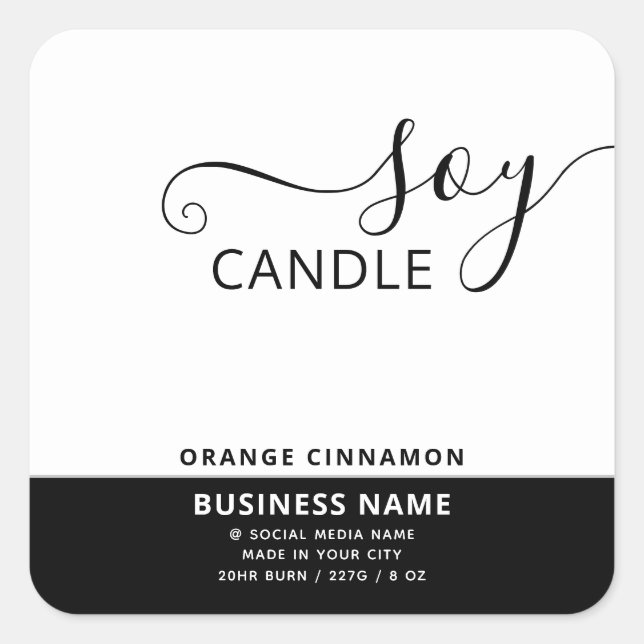Minimalist simple black white script soy candle  square sticker (Front)