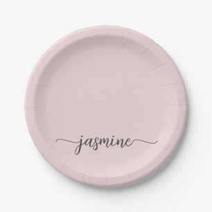 Minimalist Simple Blush Pink Girly Monogram Script Paper Plate