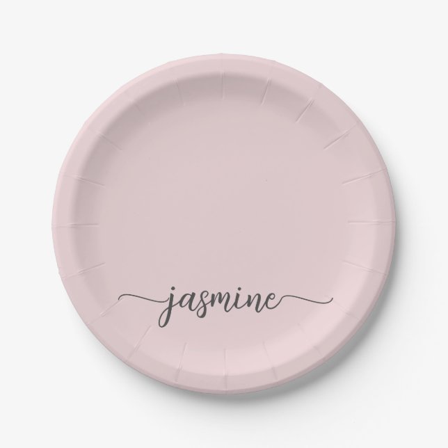 Minimalist Simple Blush Pink Girly Monogram Script Paper Plate (Front)