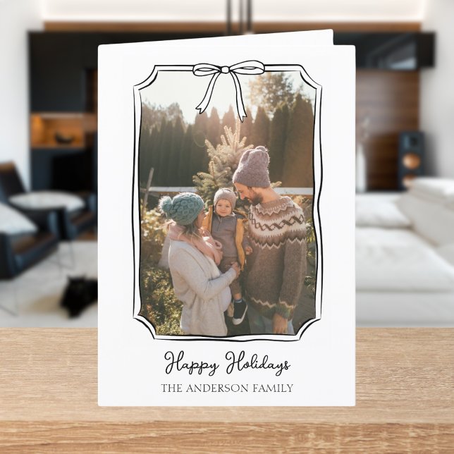 Minimalist Simple Bow Black and White Family Photo Holiday Card (Creator Uploaded)