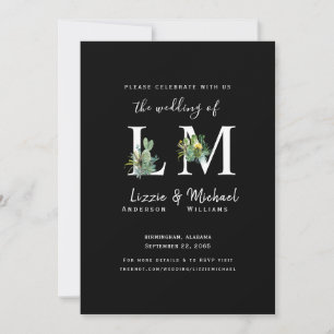 Minimalist Simple Cactus Black Monogram Wedding In Invitation
