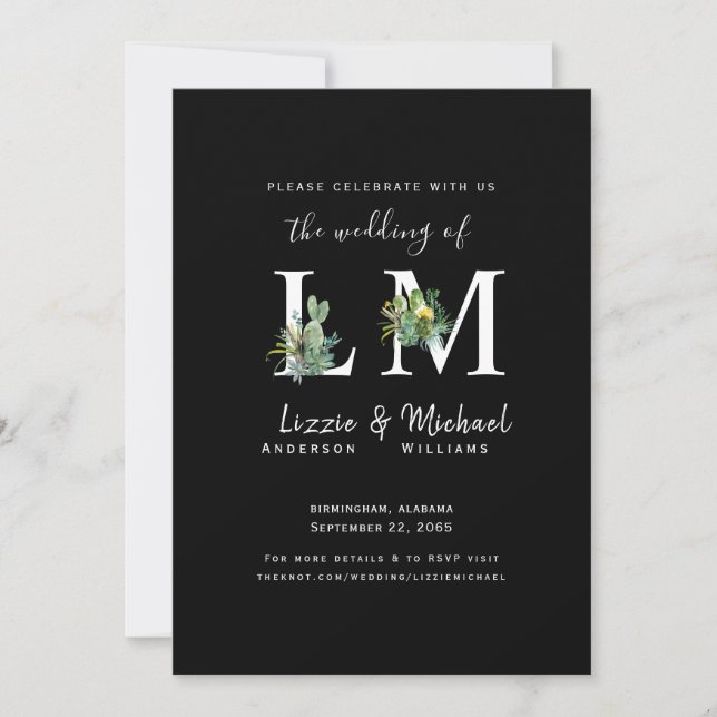 Minimalist Simple Cactus Black Monogram Wedding In Invitation (Front)