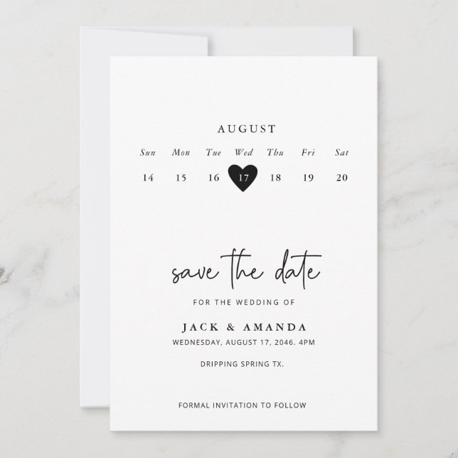 Minimalist Simple Calender Wedding save the date (Front)