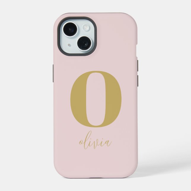 Minimalist Simple Chic Blush Pink Gold Monogram iPhone 15 Case (Back)