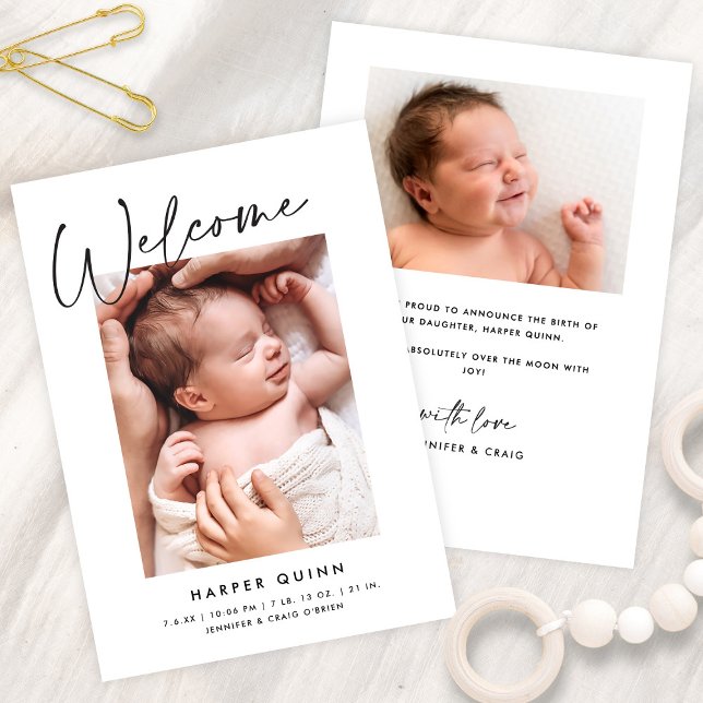 Minimalist Simple Chic Script Welcome Photo Birth Announcement (Creator Uploaded)