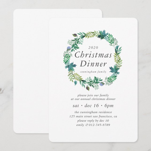 Minimalist Simple Chic Wreath Christmas Dinner Invitation (Front/Back)