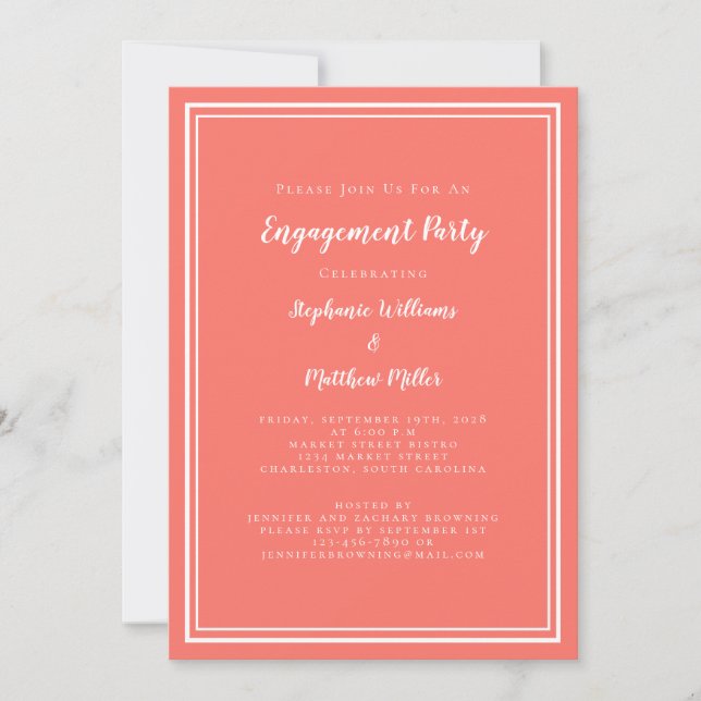 Minimalist Simple Coral & White Engagement Party Invitation (Front)